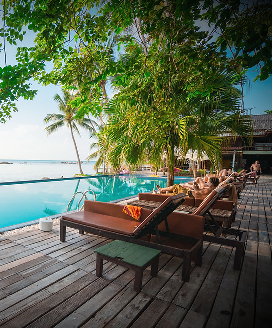 The pool deck at a boutique resort, loungers shaded by palms