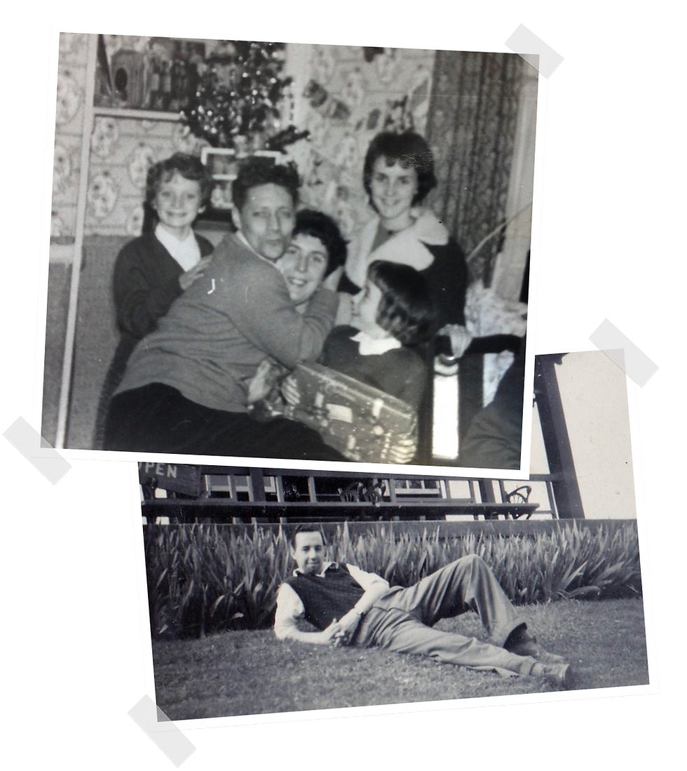 Black-and-white family photographs from a Christmas gathering and a day outdoors