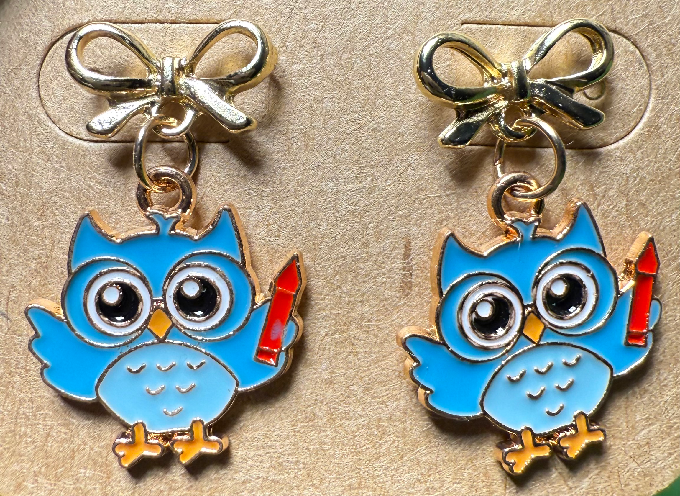 Blue teaching owl earrings with ribbon bows