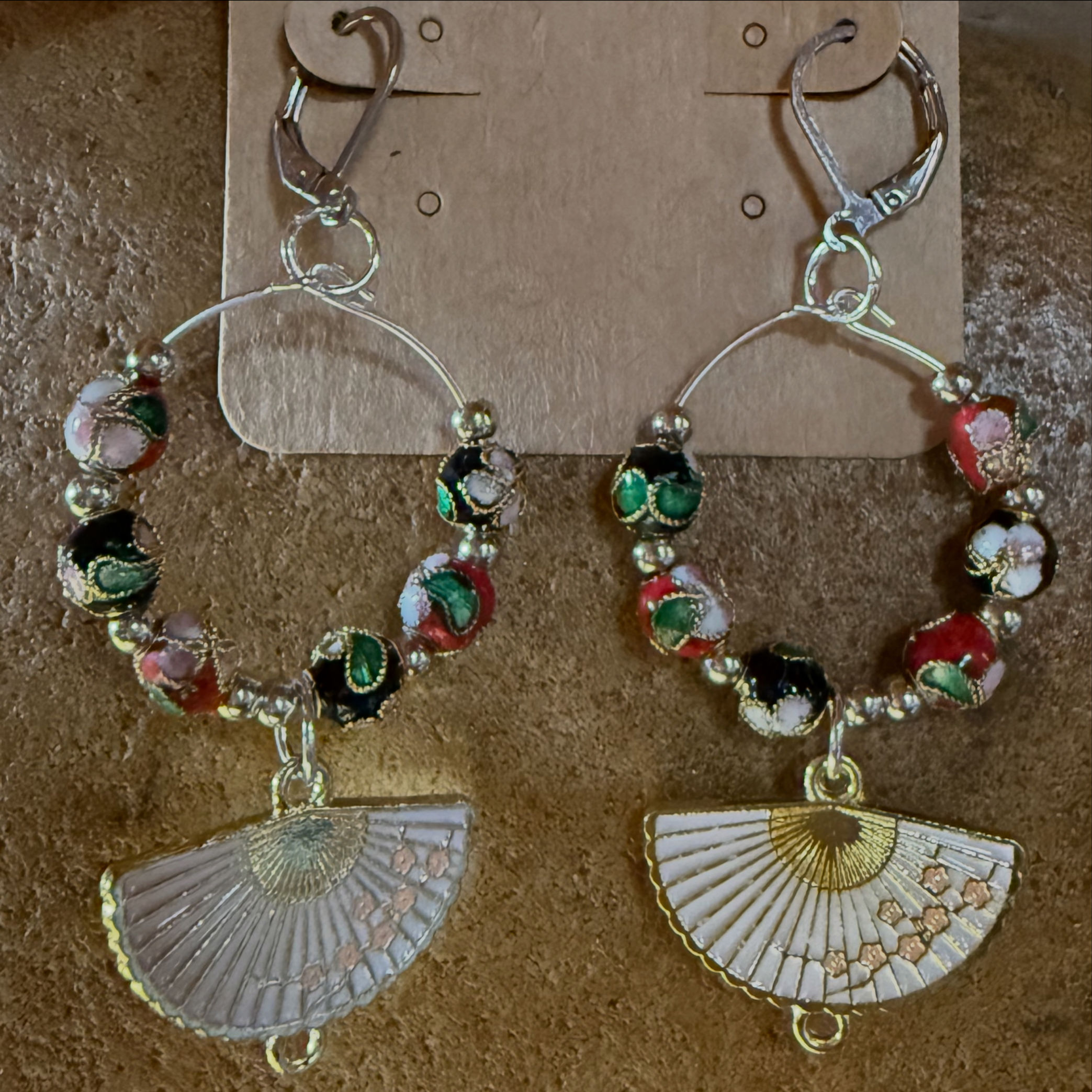 Cloisonné hoops with white Chinese hand fan charms