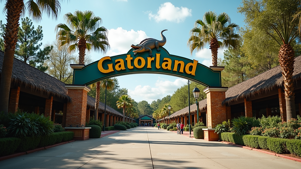 Eye-level view of the entrance of Gatorland with its iconic sign