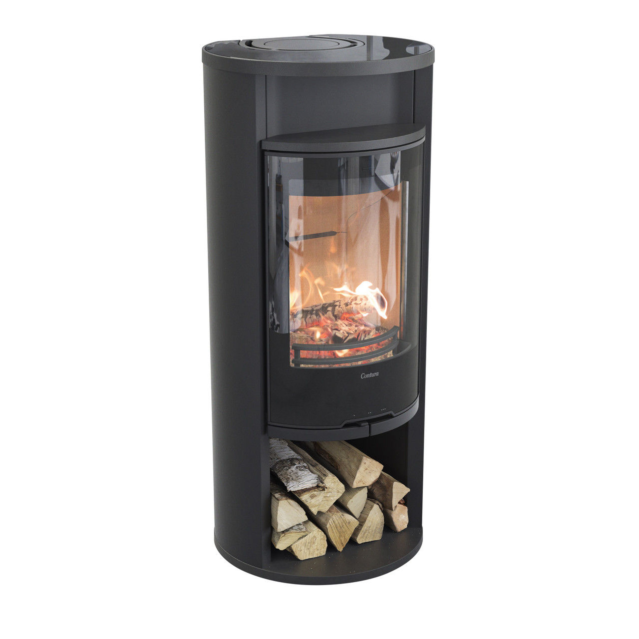 Contura 610G wood burning stove with burning logs and storage