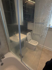 Bathroom with glass shower screen, toilet, and sink