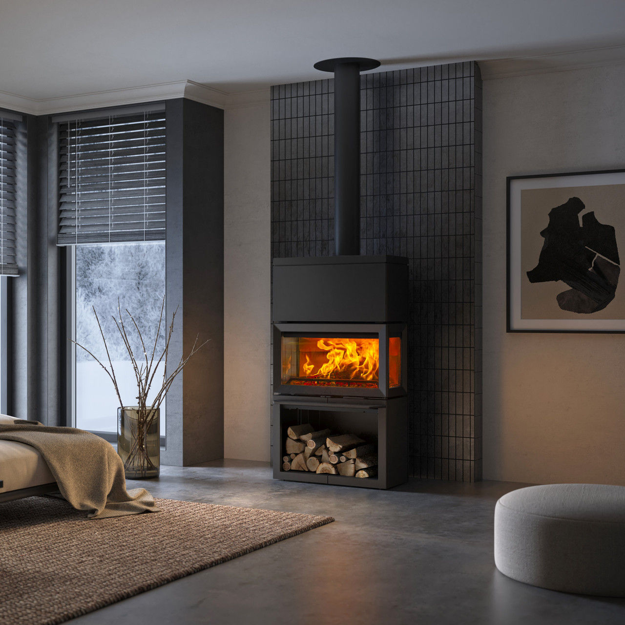 Jotul F620 wood burning stove with high top in a living room