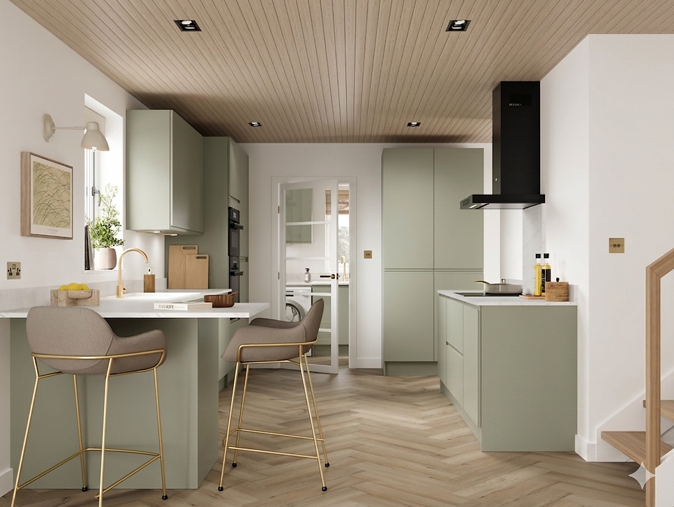 Modern sage green kitchen with island, wood floor