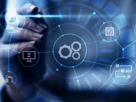 Hand using digital interface with tech icons, blue and black theme, gears and charts visible. Futuristic and innovative vibe.