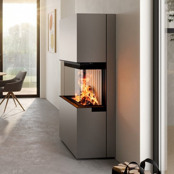Modern grey Saphir 9.8 kW wood-burning stove with glass side panel