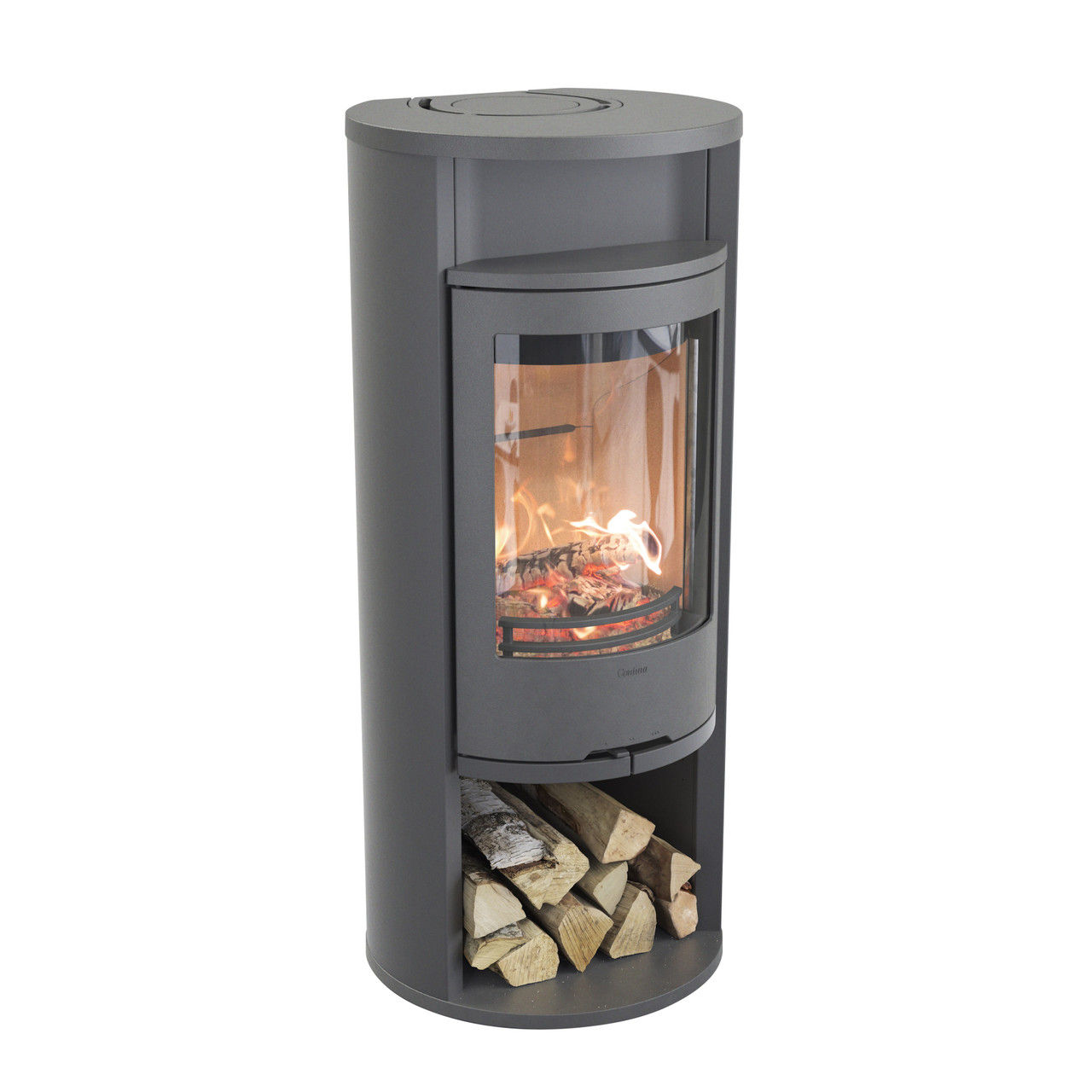 Contura 610 wood burning stove with burning fire and log storage