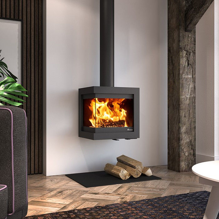 Dik Geurts Bora Corner Wall wood burning stove with fire