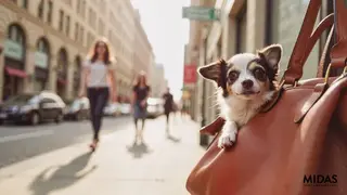 Small dog peeking out of a brown shoulder bag on a city street.