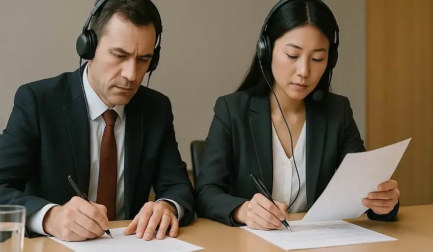 An image depicting a professional translator reviewing documents beside a laptop showing
