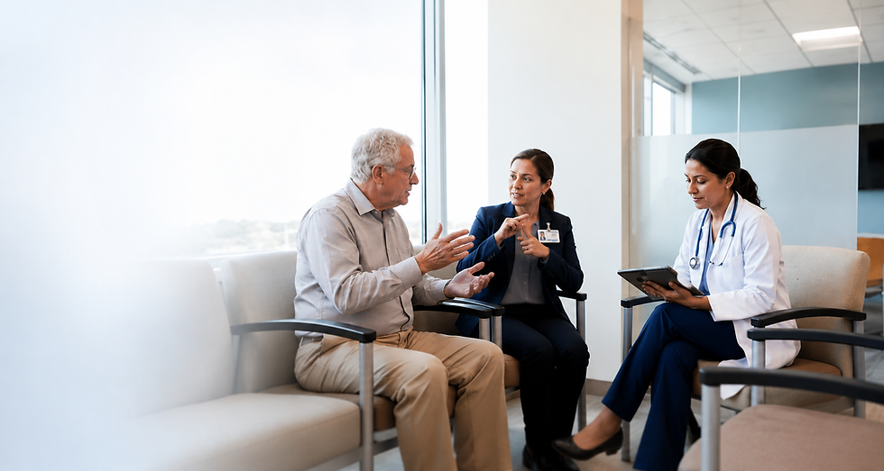 Medical interpreter assisting doctor and senior patient.