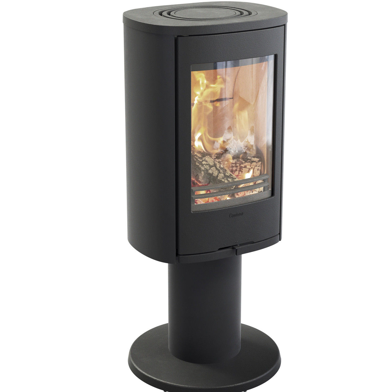 Contura 870 Wood Burning Stove with burning logs on a pedestal stand
