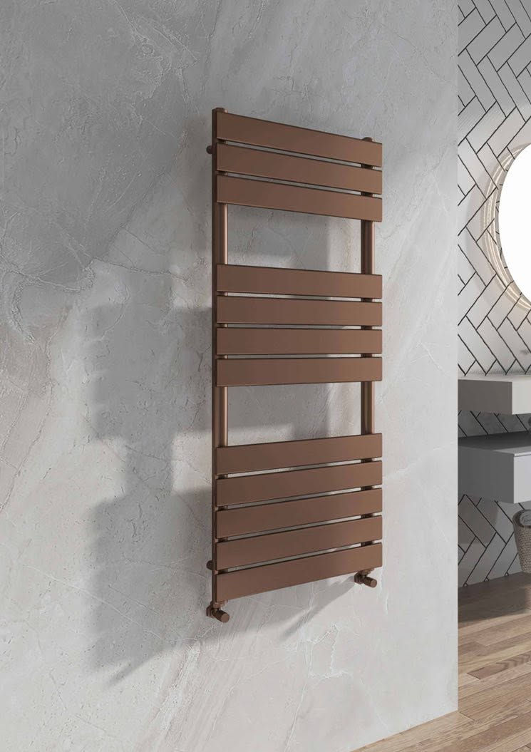 Modern bathroom with a freestanding bathtub, towel rail, and wooden vanity beneath a mirror, featuring green accents.