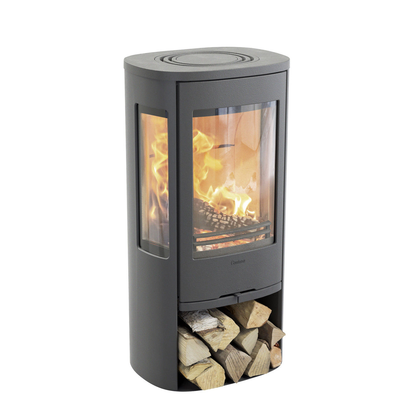 Contura 856 wood burning stove with side glass and log store