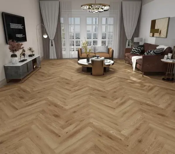 Living room with Kansas Oak 12mm laminate flooring in herringbone pattern