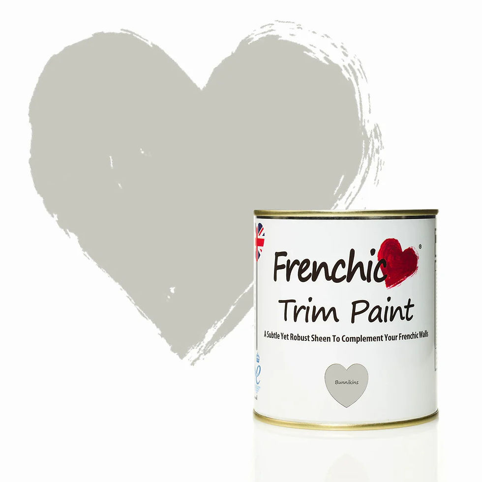 Frenchic Bunnikins Trim Paint can beside a grey heart swatch.