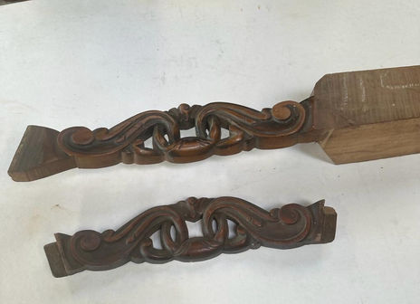 Carving a copy of an19th century walnut chair splat, still attached to the block of walnut I carved it from to make it easier to hold in the vice.