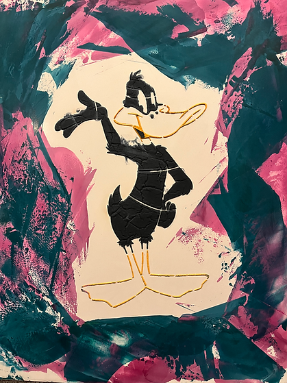 Stylized artwork of Daffy Duck with pink and blue background