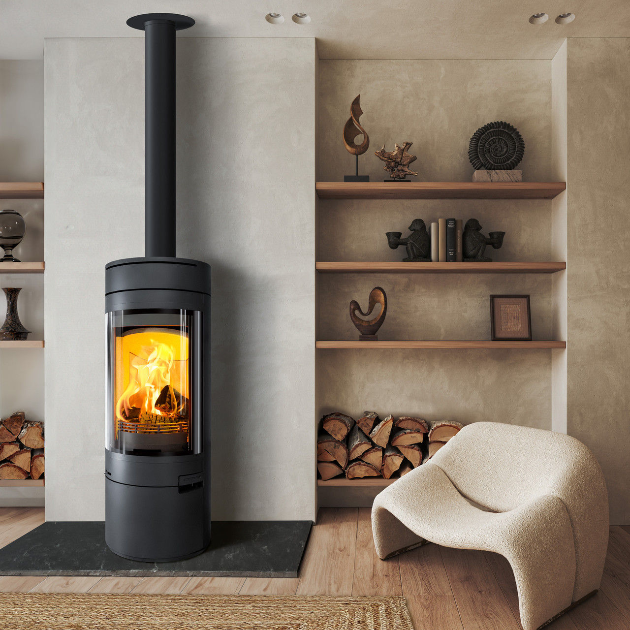 Hunter Halo Radial Wood Burning Stove in a modern living room
