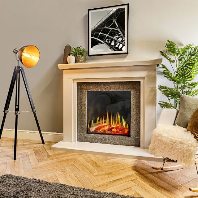 Luminosa 62 2kW Electric Stove in a modern fireplace mantle