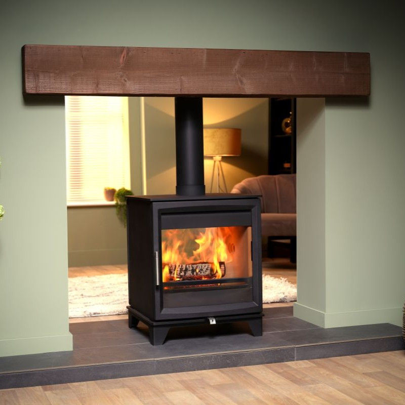 Charlton & Jenrick Woodtec 8kW Double Sided Wood Burning Stove with burning fire