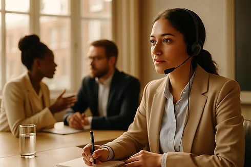 Customer service representative with headset in an office.