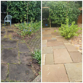 Before and after driveway cleaning of stone patio pavers.
