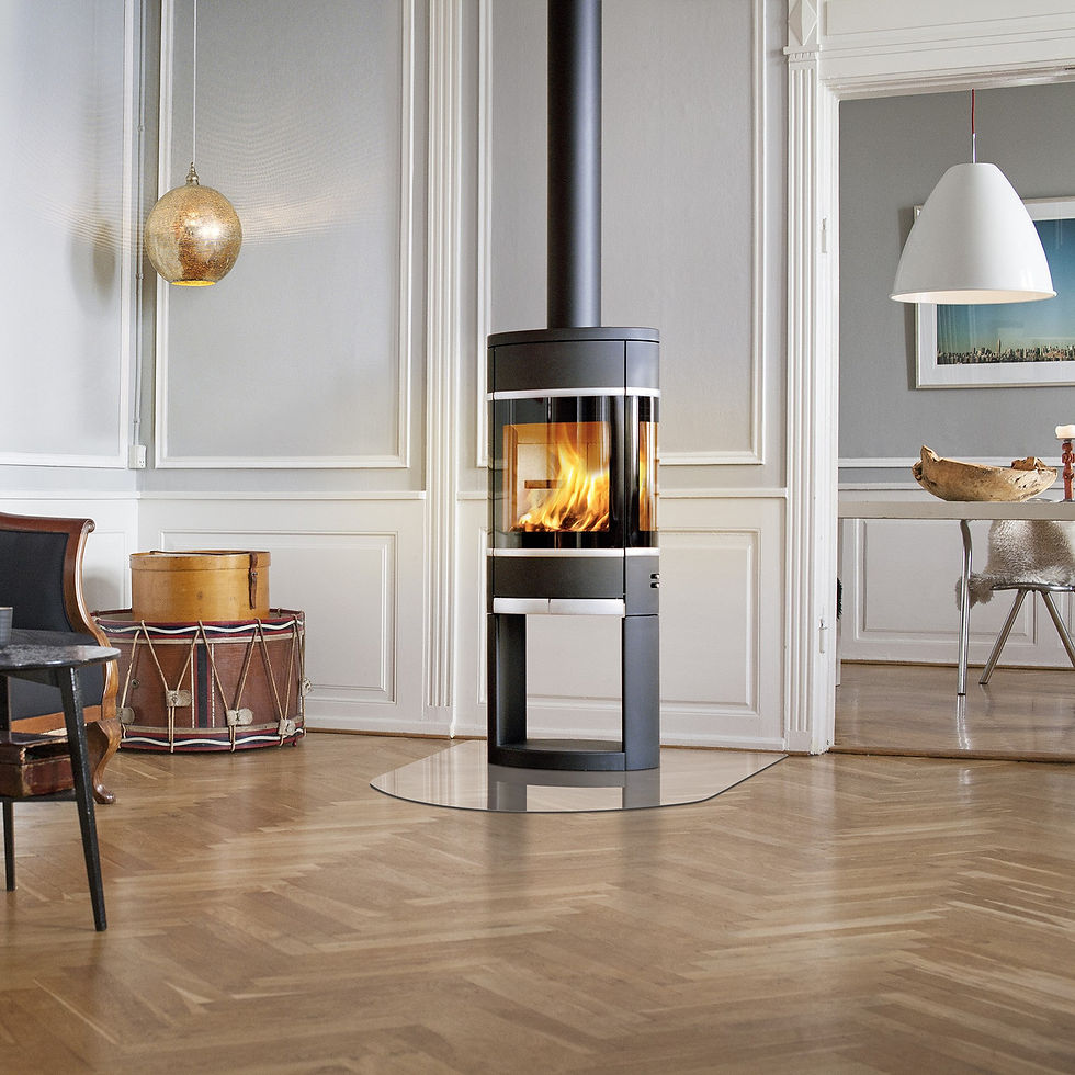 Scan 68-12 wood burning stove with open base in a living room