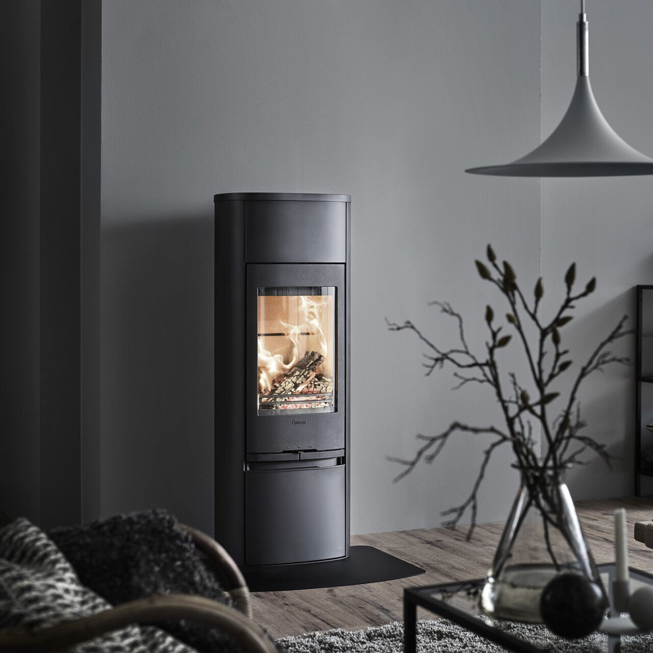 Contura 890 wood burning stove in a modern living room.