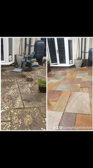 Before and after driveway cleaning of stone patio tiles