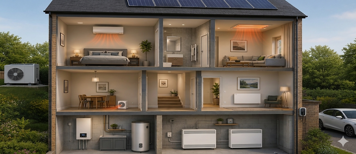 House cutaway displaying electric heating solutions