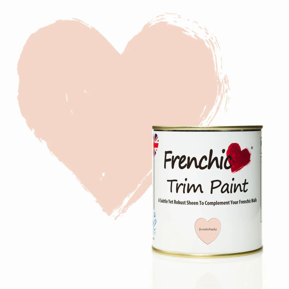 Frenchic Sweetcheeks Trim Paint tin in front of heart swatch