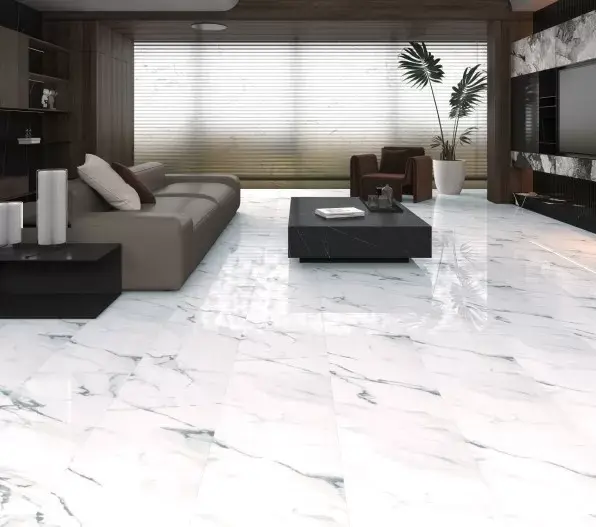 Modern living room with white marble-patterned floor