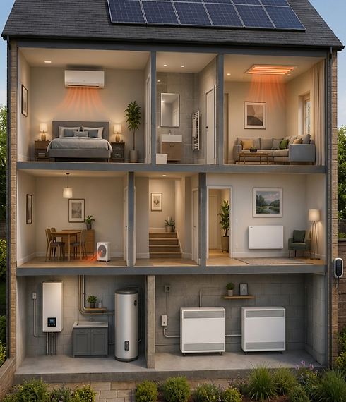 Electric heating systems throughout a house, with solar panels