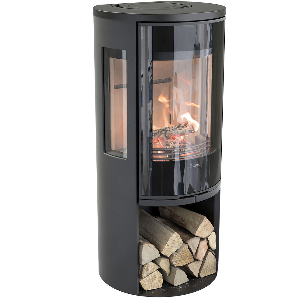 Black Contura 556G wood burning stove with side windows