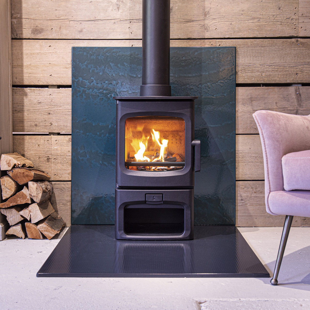 Charnwood Aire 3 woodburning stove on a storage stand