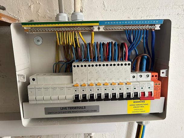 Circuit breaker panel with multiple switches and colorful wires