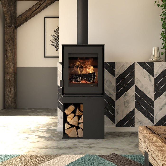 Dik Geurts Modivar 5 wood stove with log store corner