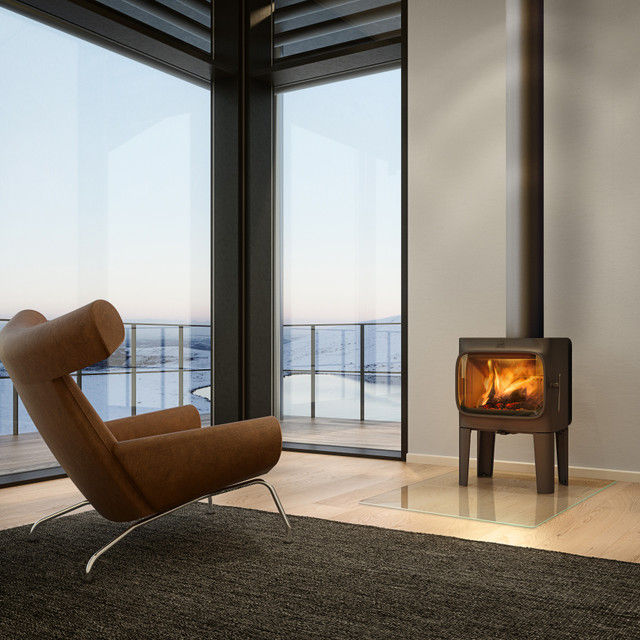 Jotul F305 Long Leg wood stove in a modern room with a view
