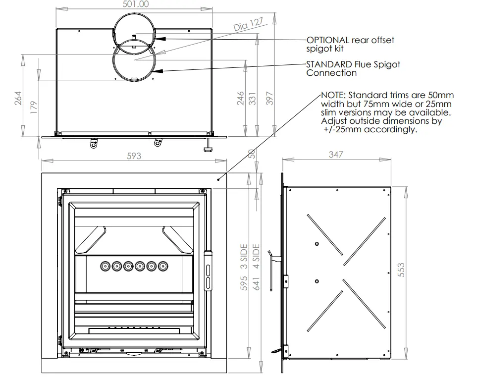 Technical dimension drawing for the Charlton and Jenrick Fireline FPi5W multifuel inset stove.
