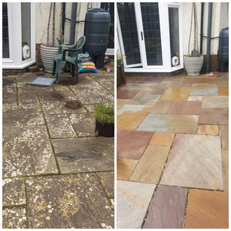 Before and after driveway cleaning of stone patio tiles.
