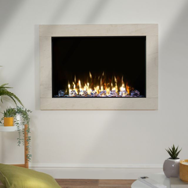 iRange i790e Slimline electric stove set in a light wall mantle