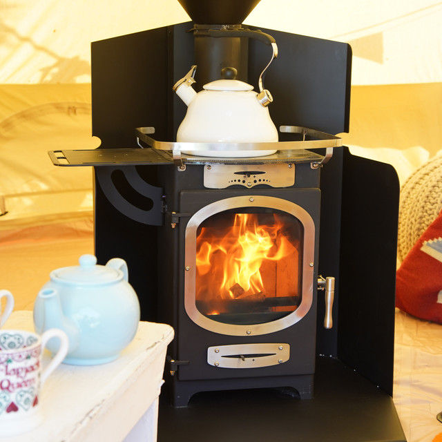 Go Eco Adventurer 5 stove with kettle in a bell tent