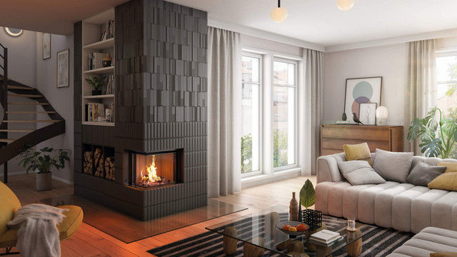 Lean 2R-70h wood-burning stove in a modern living room.