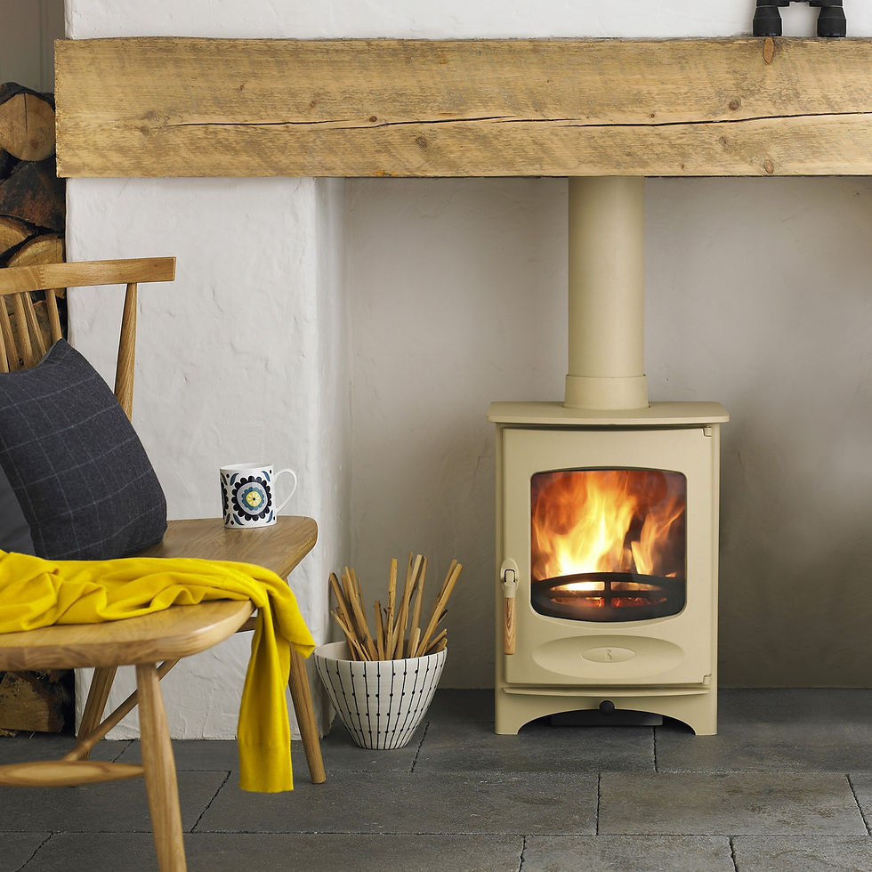 Thumbnail: Charnwood CFOUR Duo multi-fuel stove in a fireplace.
