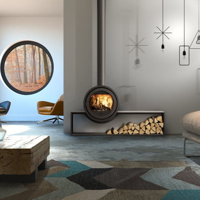 Dik Geurts Odin Front wood stove on a Plateau 106 bench