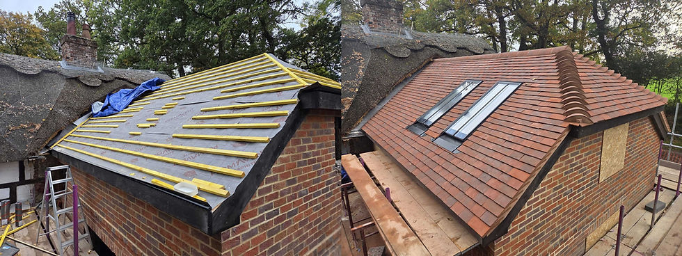 Roofing construction showing stages with open skylights and exposed building materials.