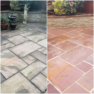Before and after driveway cleaning of stone patio pavers