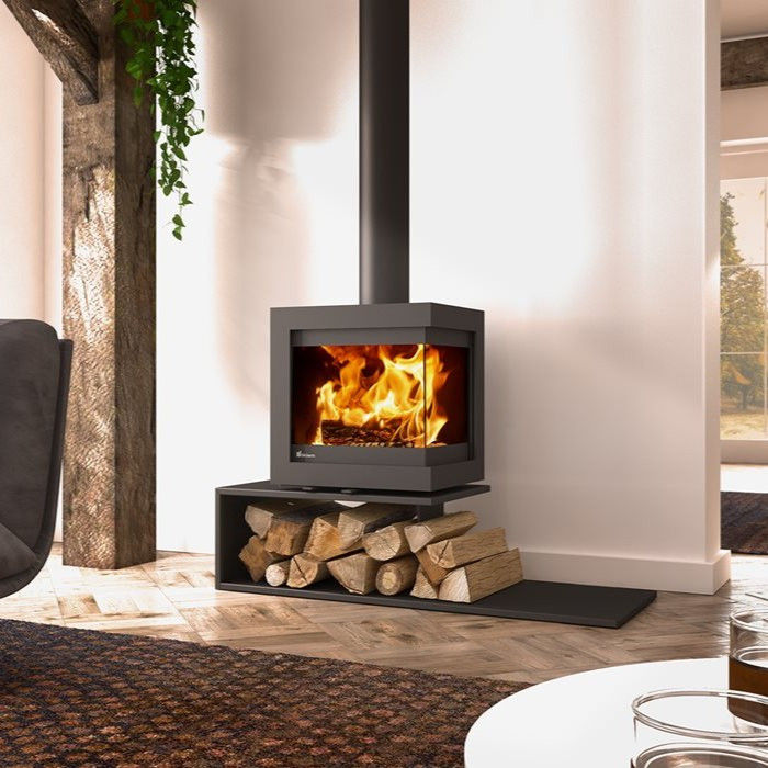Dik Geurts Bora Corner Wood Burning Stove on floating plateau